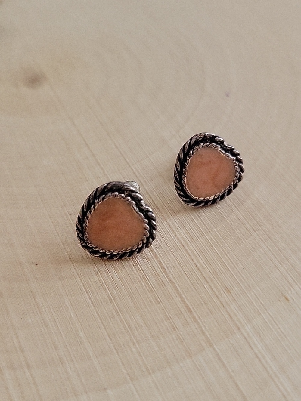 Vintage Pink Enamel and Silver Heart Post Earrings